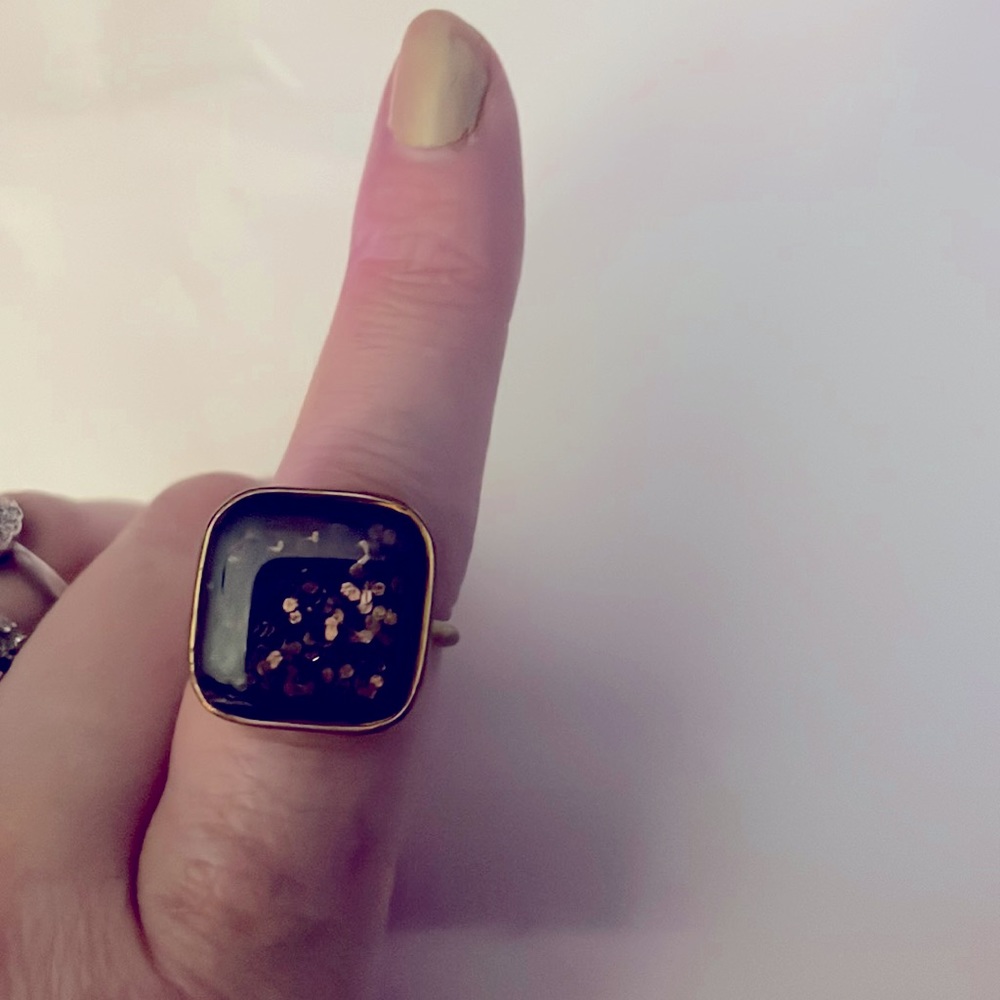 Handmade goldtone black square sparkle ring